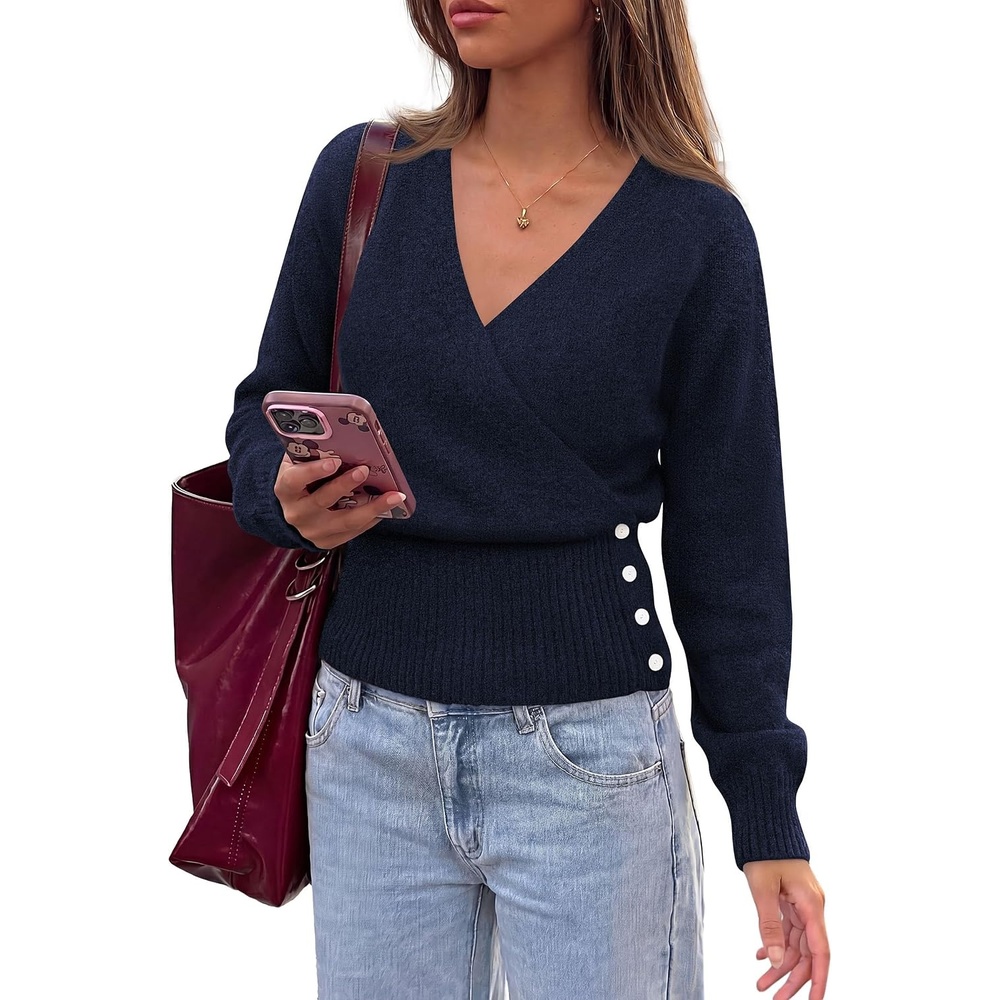 image:imagePRETTYGARDEN Women V Neck Wrap Sweater Cropped TopsNavy Blue