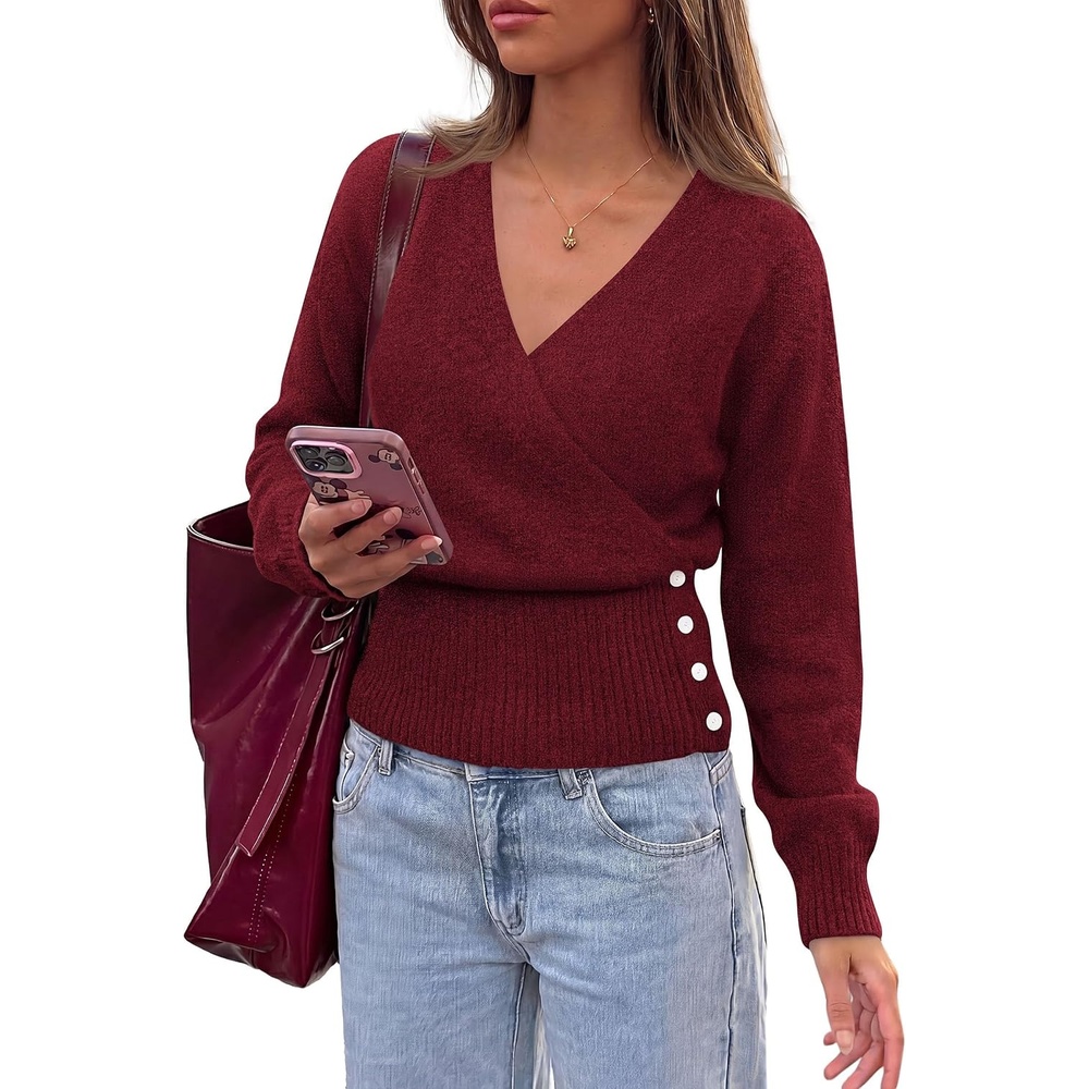 image:imagePRETTYGARDEN Women V Neck Wrap Sweater Cropped TopsWine Red