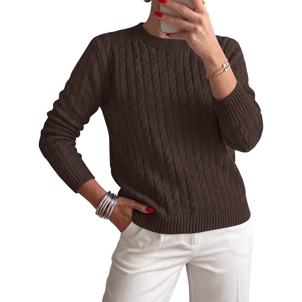 image:imagePRETTYGARDEN Womens Cable Knit Sweaters Long Sleeve Pullover Fall OutfitsBrown