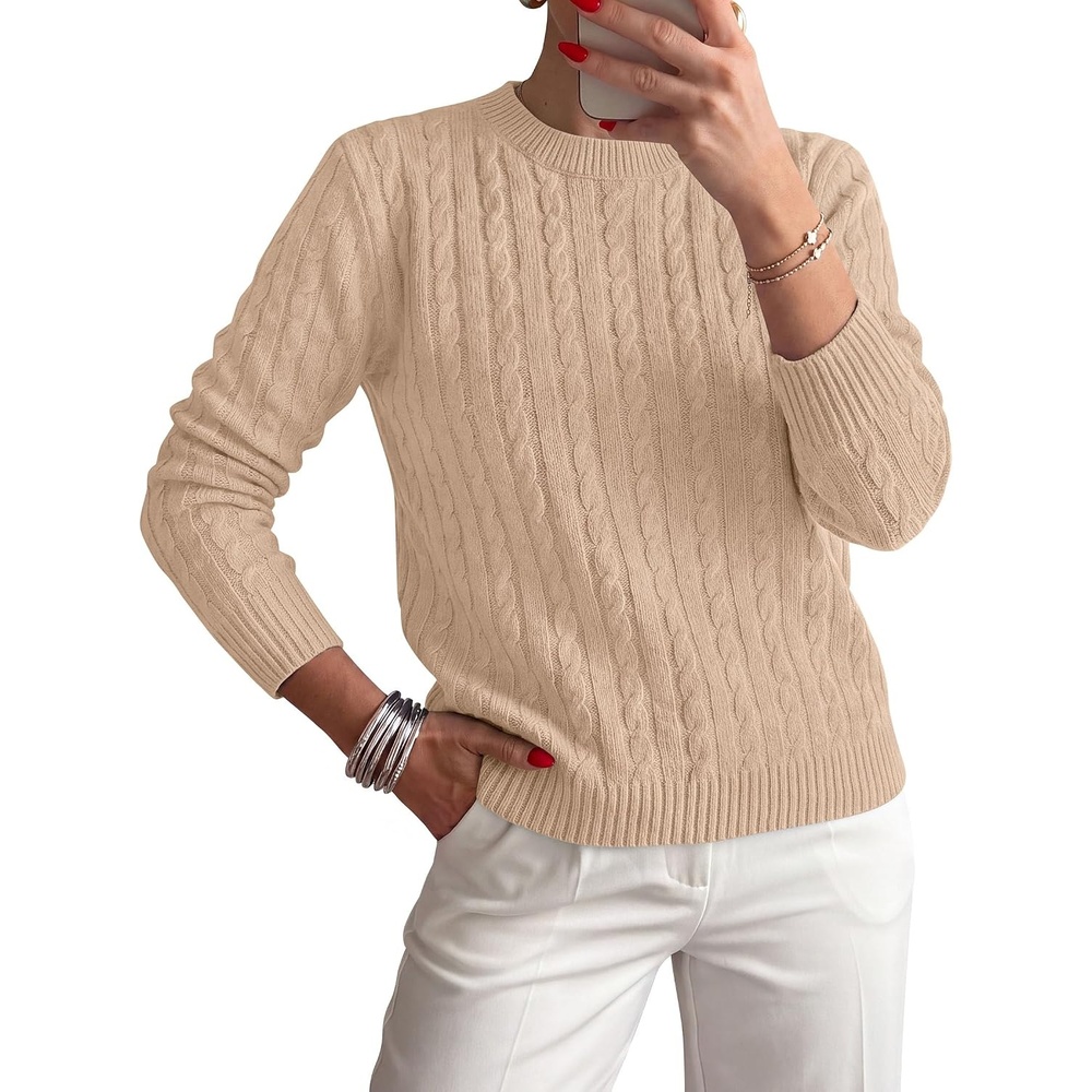 image:imagePRETTYGARDEN Womens Cable Knit Sweaters Long Sleeve Pullover Fall OutfitsKhaki