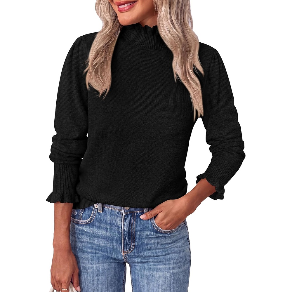 image:imagePRETTYGARDEN Womens Fall Cozy Sweaters Trendy Ruffle Mock Neck PulloverBlack