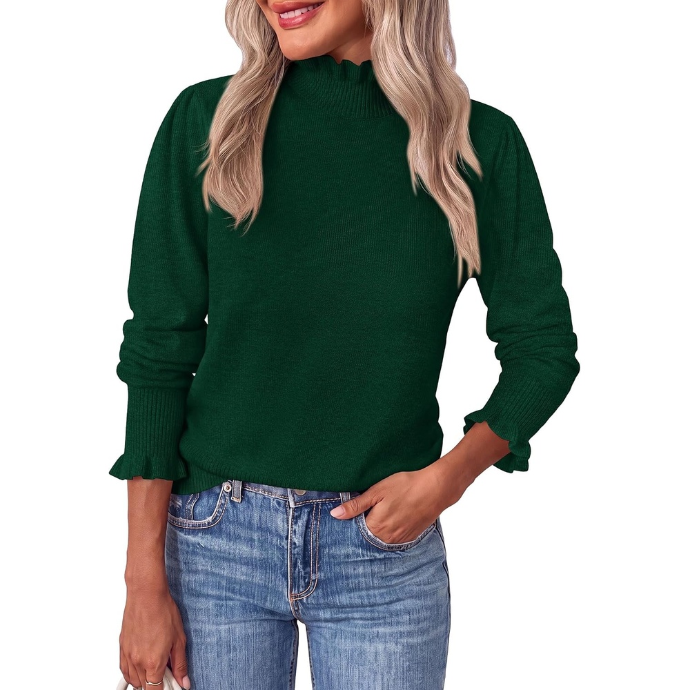 image:imagePRETTYGARDEN Womens Fall Cozy Sweaters Trendy Ruffle Mock Neck PulloverDark Green