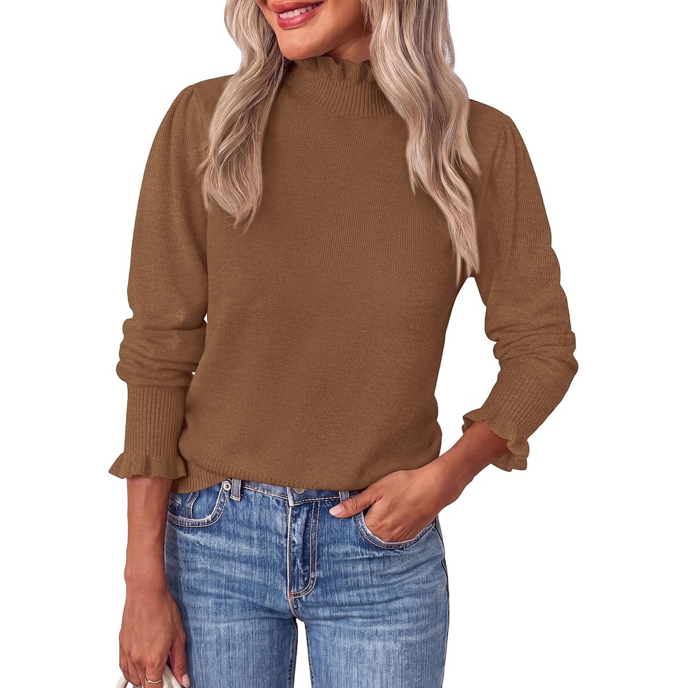image:imagePRETTYGARDEN Womens Fall Cozy Sweaters Trendy Ruffle Mock Neck PulloverKhaki