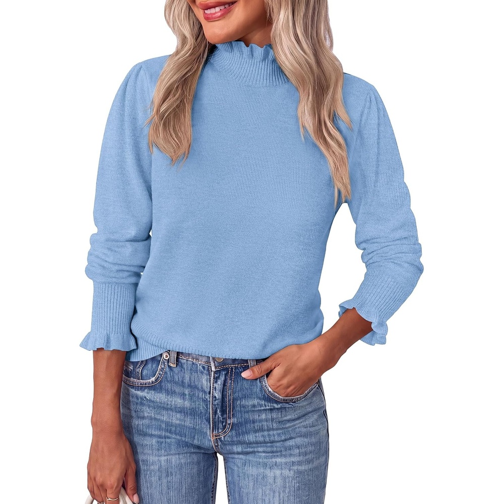 image:imagePRETTYGARDEN Womens Fall Cozy Sweaters Trendy Ruffle Mock Neck PulloverLight Blue
