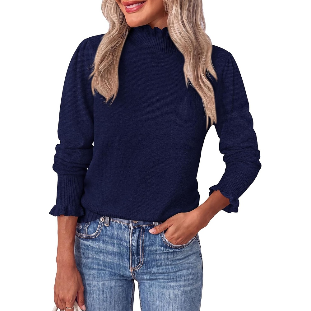 image:imagePRETTYGARDEN Womens Fall Cozy Sweaters Trendy Ruffle Mock Neck PulloverNavy Blue