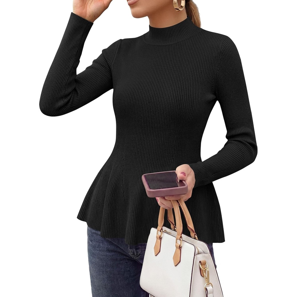 image:imagePRETTYGARDEN Womens Fall Mock Neck Long Sleeve Tops Bodycon Peplum SweatersBlack