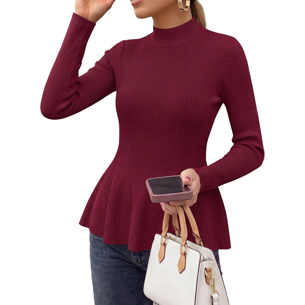 image:imagePRETTYGARDEN Womens Fall Mock Neck Long Sleeve Tops Bodycon Peplum SweatersWine Red