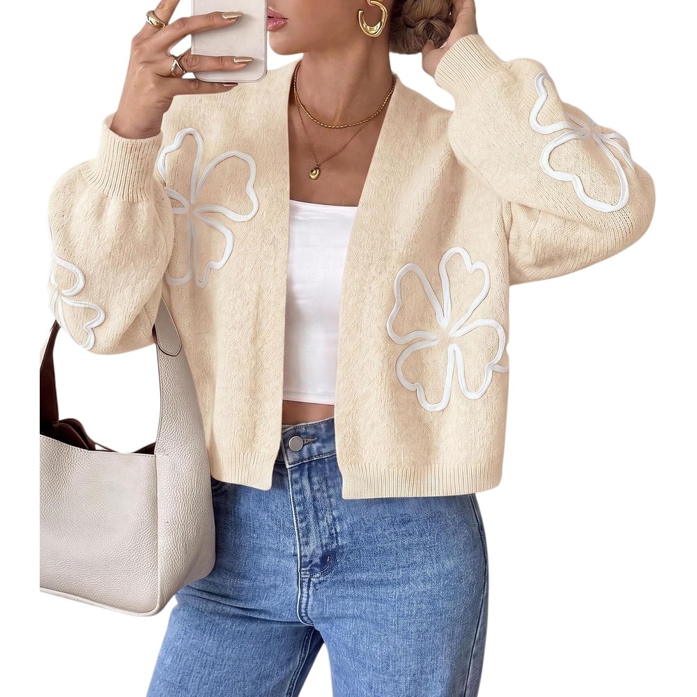 image:imagePRETTYGARDEN Womens Floral Oversized Cardigan Sweaters Trendy Fall OutfitsBeige