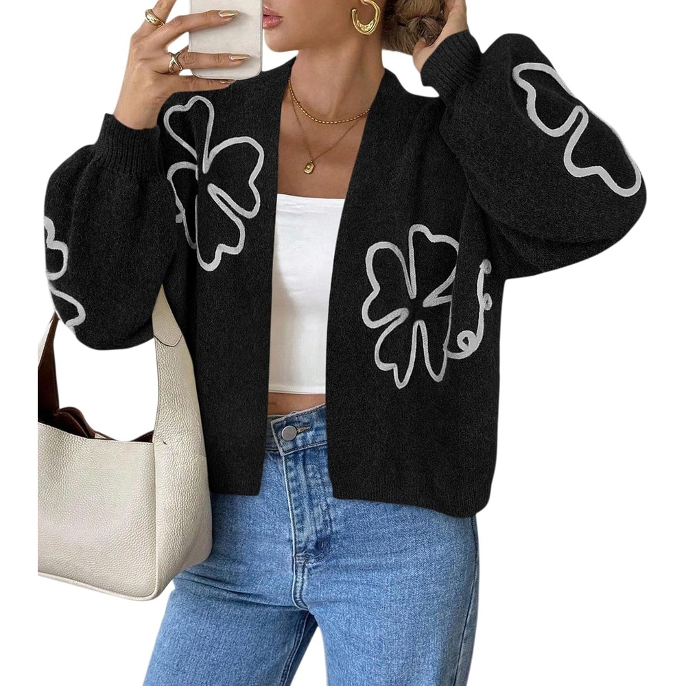 image:imagePRETTYGARDEN Womens Floral Oversized Cardigan Sweaters Trendy Fall OutfitsBlack