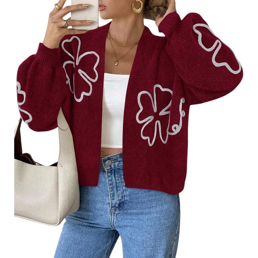 image:imagePRETTYGARDEN Womens Floral Oversized Cardigan Sweaters Trendy Fall OutfitsBurgundy