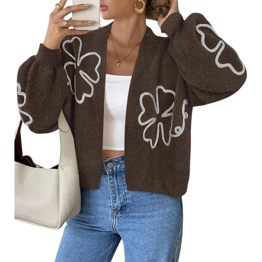 image:imagePRETTYGARDEN Womens Floral Oversized Cardigan Sweaters Trendy Fall OutfitsCoffee