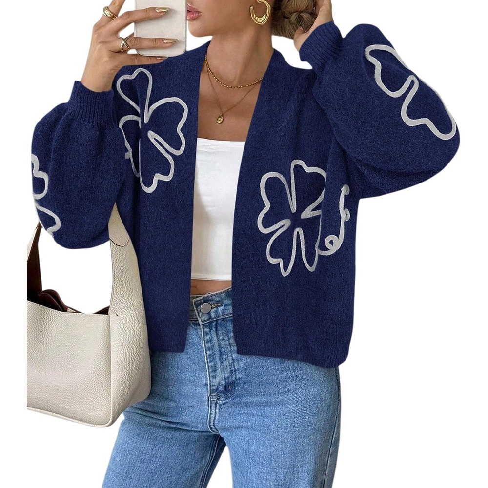 image:imagePRETTYGARDEN Womens Floral Oversized Cardigan Sweaters Trendy Fall OutfitsNavy Blue