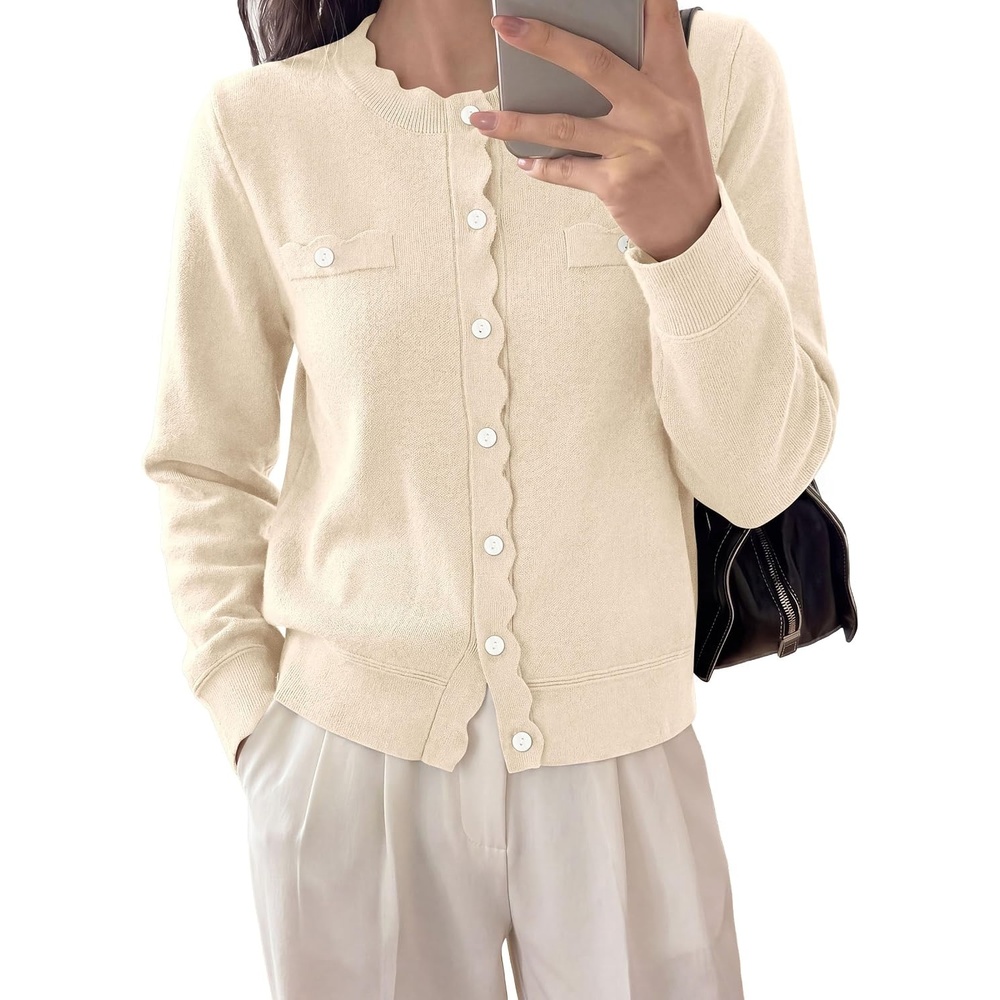 image:imagePRETTYGARDEN Womens Lightweight Cardigan Sweaters Scalloped Trim Fall TopsApricot