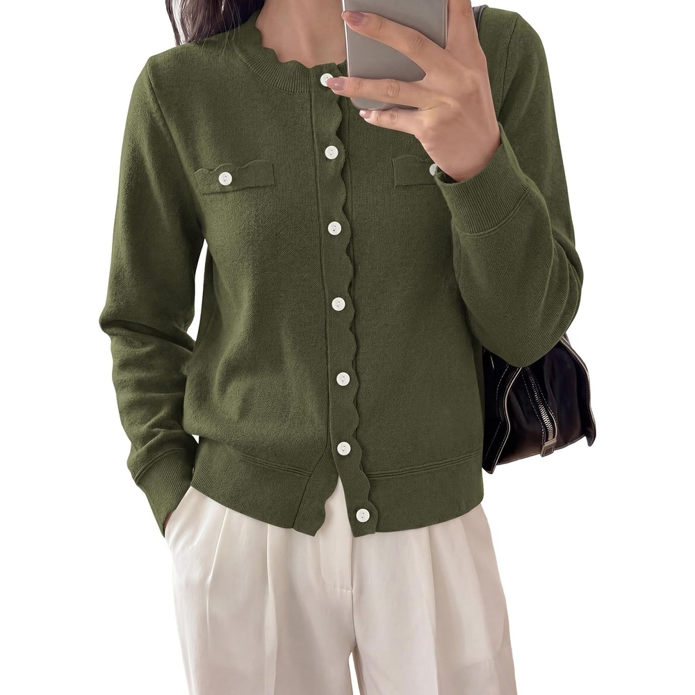 image:imagePRETTYGARDEN Womens Lightweight Cardigan Sweaters Scalloped Trim Fall TopsArmy Green