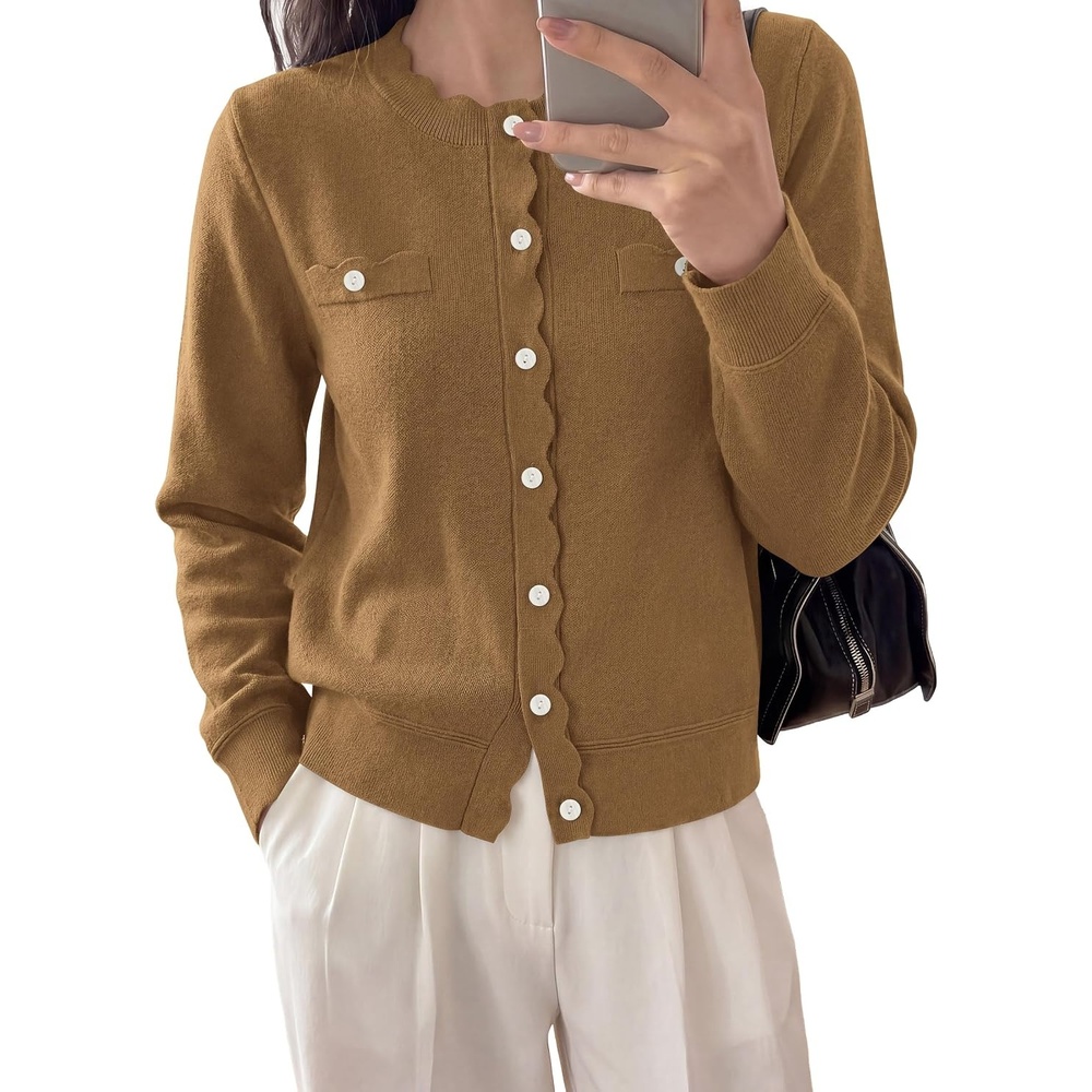 image:imagePRETTYGARDEN Womens Lightweight Cardigan Sweaters Scalloped Trim Fall TopsBrown