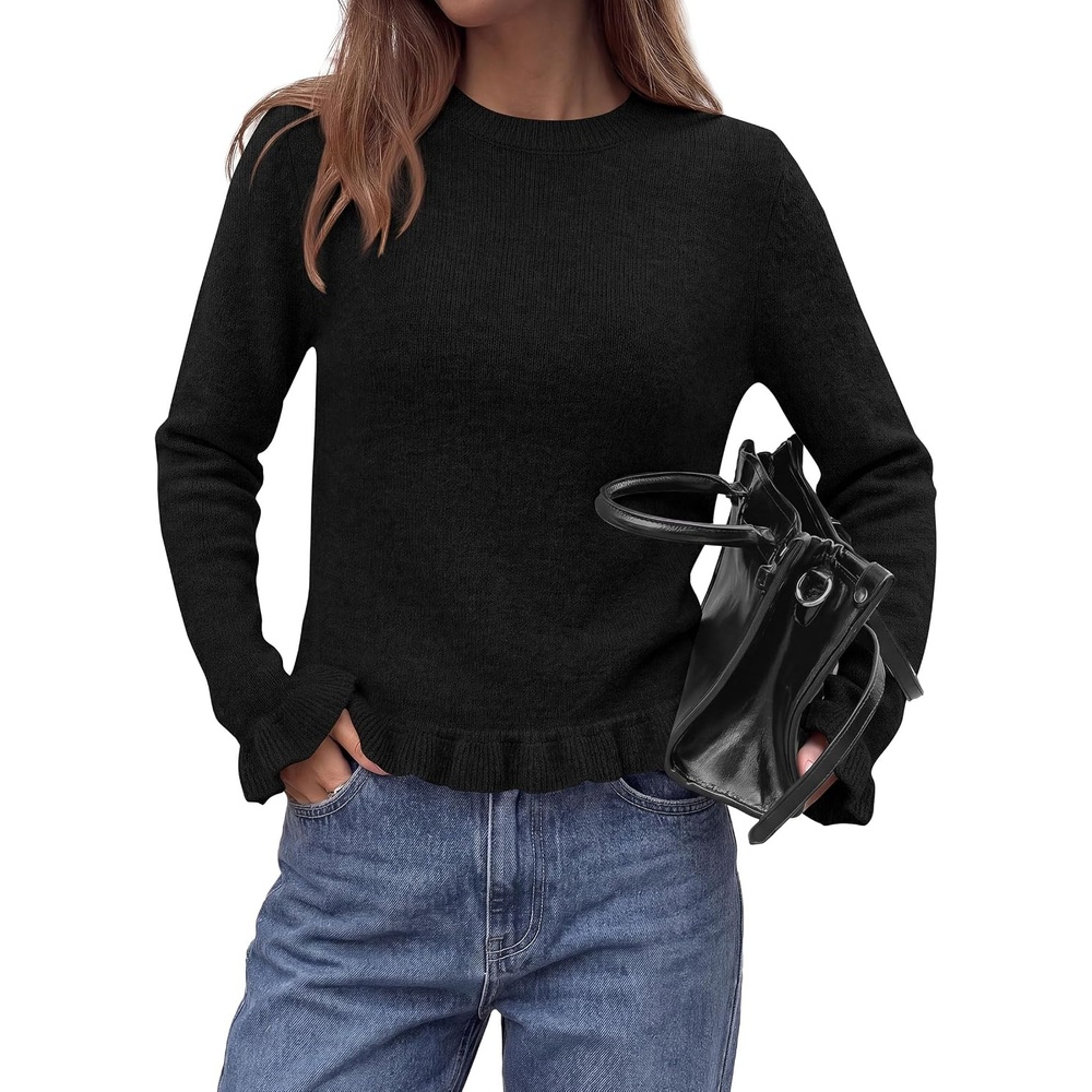 image:imagePRETTYGARDEN Womens Ruffle Sweaters Fall Fashion Cozy Knit PulloverBlack