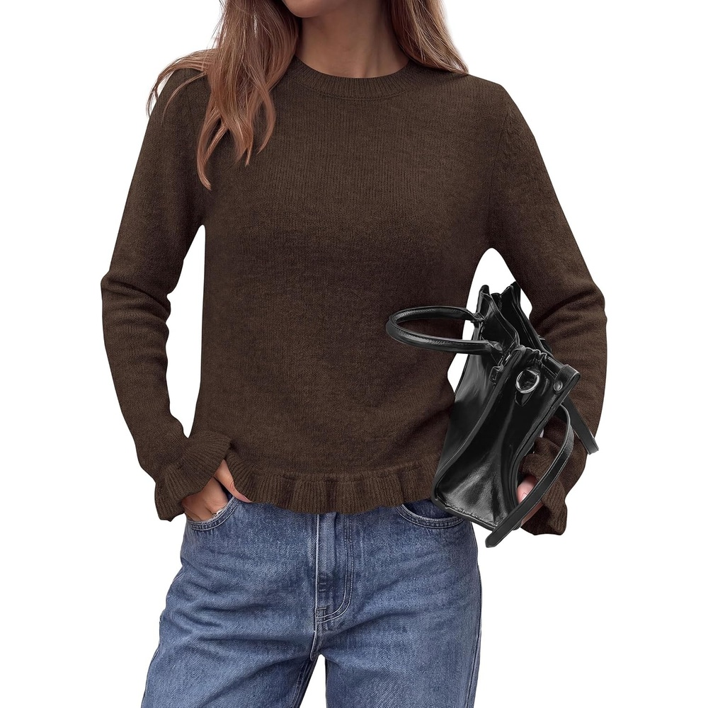 image:imagePRETTYGARDEN Womens Ruffle Sweaters Fall Fashion Cozy Knit PulloverBrown