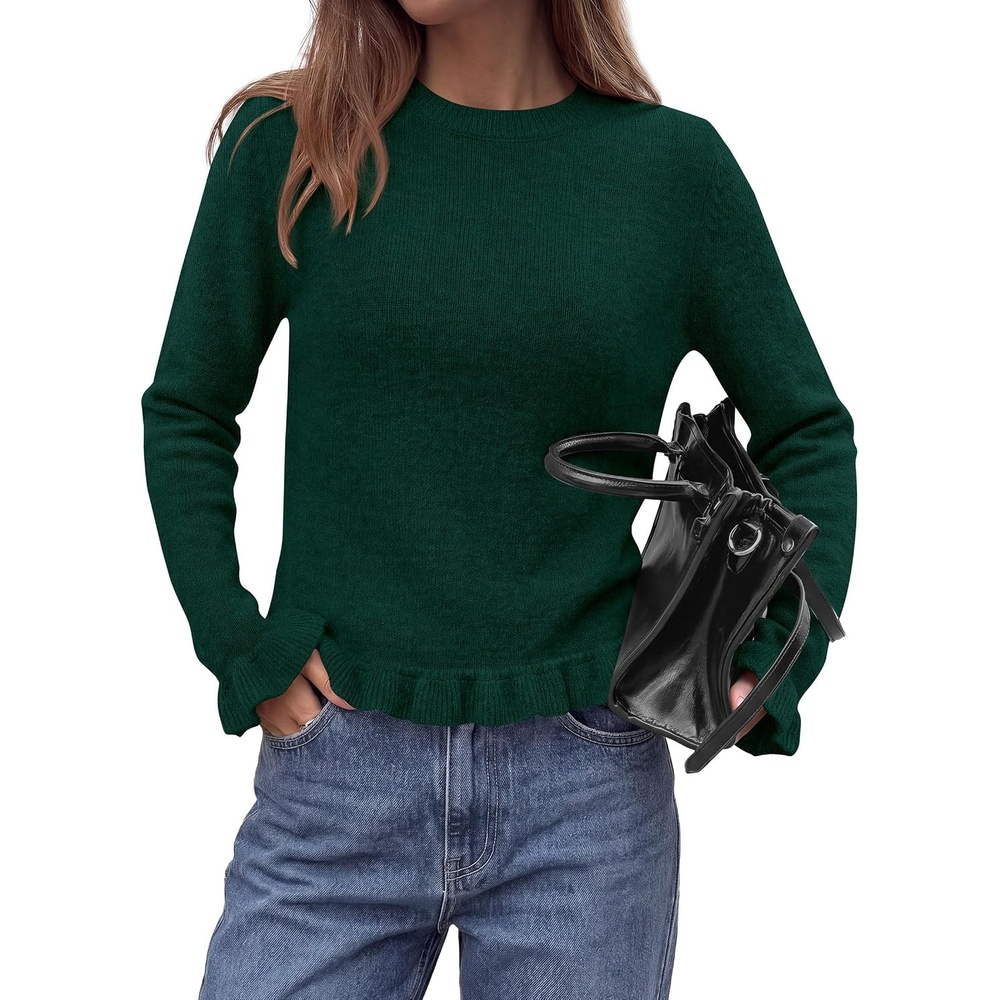 image:imagePRETTYGARDEN Womens Ruffle Sweaters Fall Fashion Cozy Knit PulloverDark Green