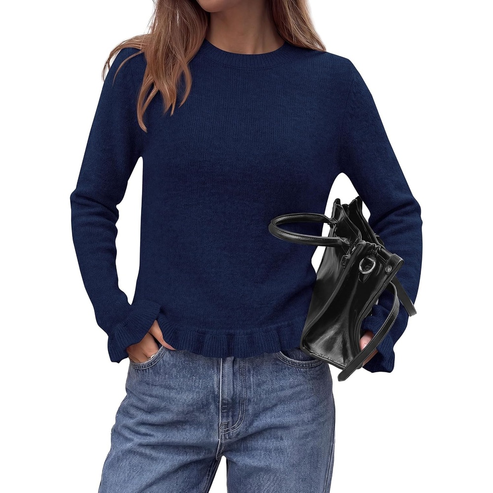 image:imagePRETTYGARDEN Womens Ruffle Sweaters Fall Fashion Cozy Knit PulloverNavy Blue