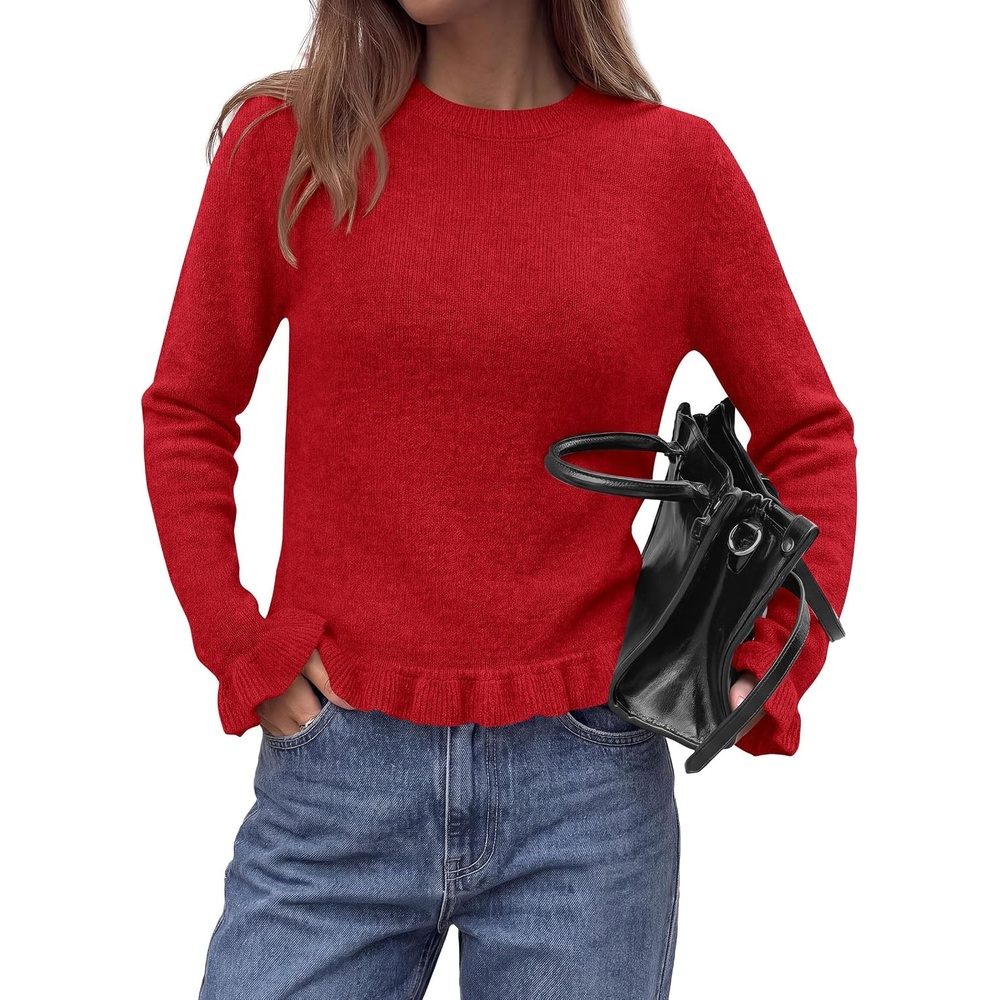 image:imagePRETTYGARDEN Womens Ruffle Sweaters Fall Fashion Cozy Knit PulloverRed