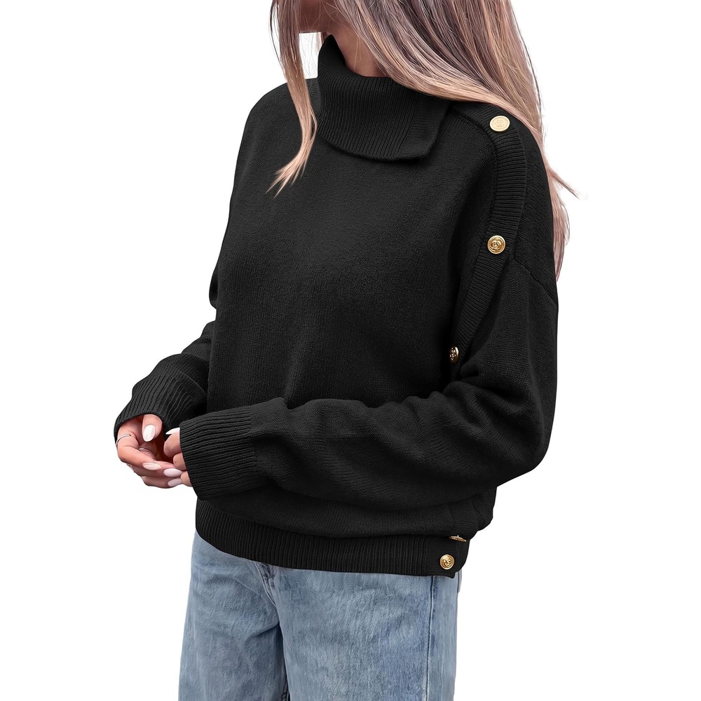 image:imagePRETTYGARDEN Womens Turtleneck Sweater Pullover Side Button Fall ClothesBlack