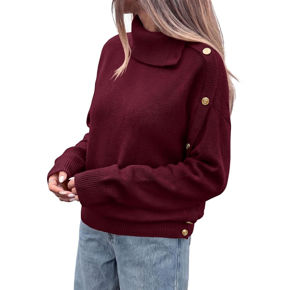 image:imagePRETTYGARDEN Womens Turtleneck Sweater Pullover Side Button Fall ClothesWine Red