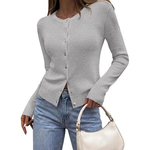 PRETTYGARDEN Fall Fitted Cardigan Sweaters for Women Button Down(Grey)