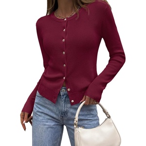 PRETTYGARDEN Fall Fitted Cardigan Sweaters for Women Button Down(Red)