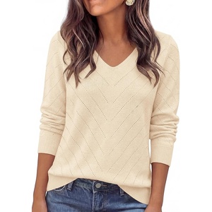PRETTYGARDEN Long Sleeve V Neck Hollow Out Pullover Sweaters for Women(Apricot)