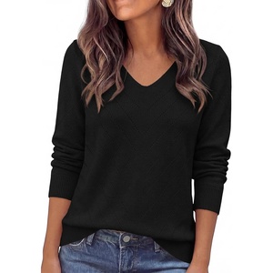 PRETTYGARDEN Long Sleeve V Neck Hollow Out Pullover Sweaters for Women(Black)