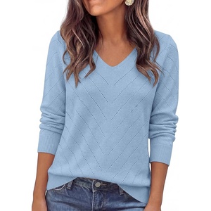 PRETTYGARDEN Long Sleeve V Neck Hollow Out Pullover Sweaters for Women(Blue)