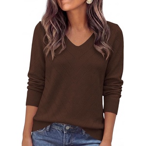 PRETTYGARDEN Long Sleeve V Neck Hollow Out Pullover Sweaters for Women(Brown)