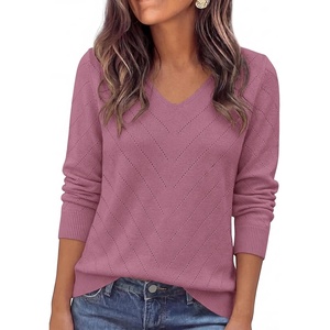 PRETTYGARDEN Long Sleeve V Neck Hollow Out Pullover Sweaters for Women(Purple)