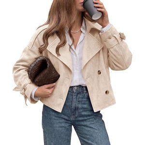 PRETTYGARDEN Women Faux Suede Double Breasted Trench Coat Cropped Jackets(Beige)