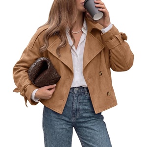 PRETTYGARDEN Women Faux Suede Double Breasted Trench Coat Cropped Jackets(Camel)