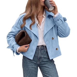 PRETTYGARDEN Women Faux Suede Double Breasted Trench Coat Cropped Jackets(Light Blue)