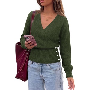 PRETTYGARDEN Women V Neck Wrap Sweater Cropped Tops(Army Green)