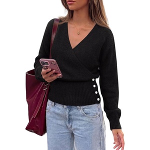 PRETTYGARDEN Women V Neck Wrap Sweater Cropped Tops(Black)