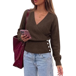 PRETTYGARDEN Women V Neck Wrap Sweater Cropped Tops(Brown)