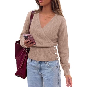 PRETTYGARDEN Women V Neck Wrap Sweater Cropped Tops(Khaki)