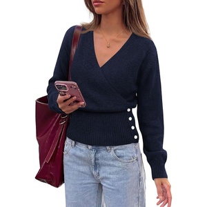 PRETTYGARDEN Women V Neck Wrap Sweater Cropped Tops(Navy Blue)