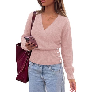 PRETTYGARDEN Women V Neck Wrap Sweater Cropped Tops(Pink)