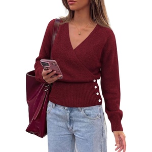 PRETTYGARDEN Women V Neck Wrap Sweater Cropped Tops(Wine Red)