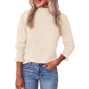 PRETTYGARDEN Women’s Fall Cozy Sweaters Trendy Ruffle Mock Neck Pullover(Beige)