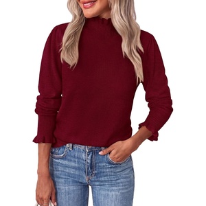 PRETTYGARDEN Women’s Fall Cozy Sweaters Trendy Ruffle Mock Neck Pullover(Burgundy)