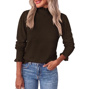 PRETTYGARDEN Women’s Fall Cozy Sweaters Trendy Ruffle Mock Neck Pullover(Coffee)