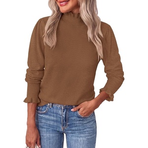 PRETTYGARDEN Women’s Fall Cozy Sweaters Trendy Ruffle Mock Neck Pullover(Khaki)