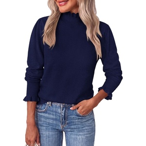 PRETTYGARDEN Women’s Fall Cozy Sweaters Trendy Ruffle Mock Neck Pullover(Navy Blue)