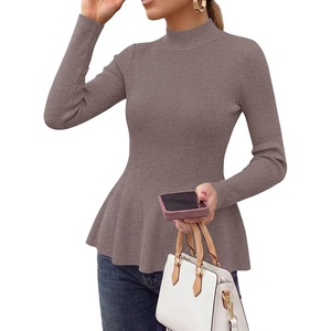 PRETTYGARDEN Womens Fall Mock Neck Long Sleeve Tops Bodycon Peplum Sweaters(Khaki)