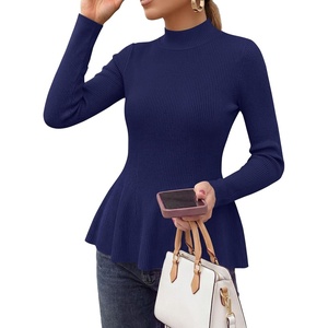 PRETTYGARDEN Womens Fall Mock Neck Long Sleeve Tops Bodycon Peplum Sweaters(Navy Blue)